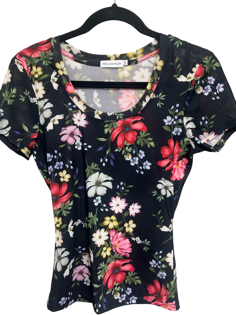 Avec Les Filles Black Floral Mesh Short-Sleeve Top